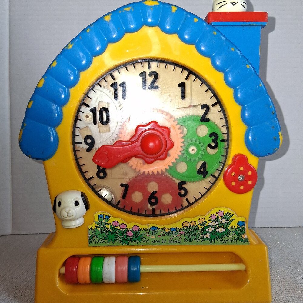 Vintage 1989 Redbox Activity Learning Clock Toddler Toy puppy kitty bell sounds